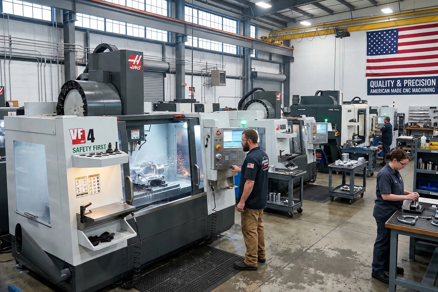 American flag above technicians working in a CNC manufacturing shop